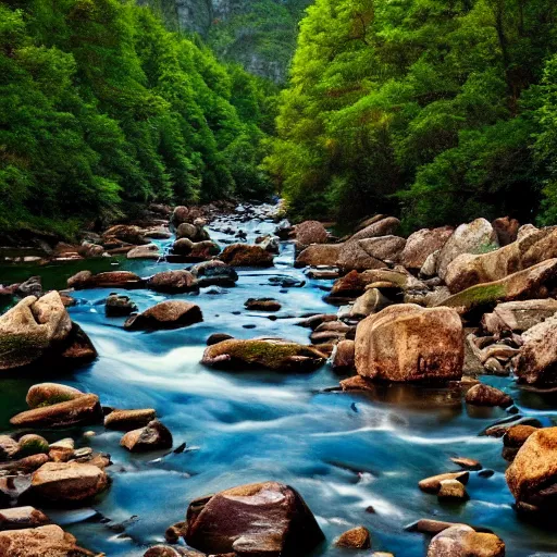 Image similar to a beautiful landscape, river, rocks, trees, cinematic, masterpiece