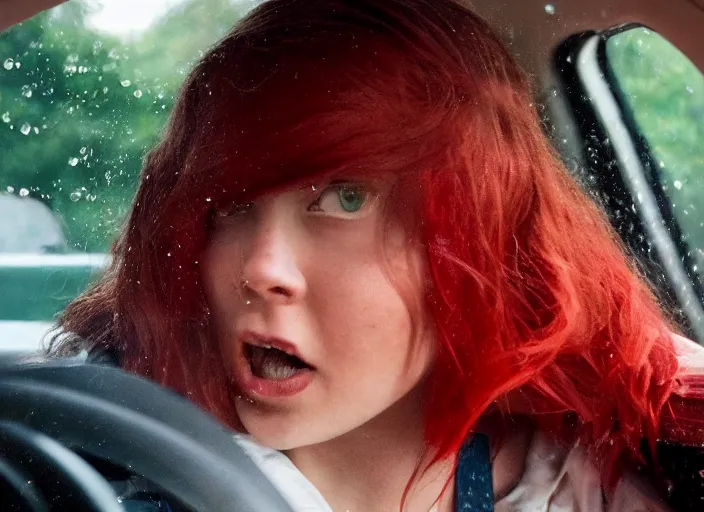 Image similar to A very high resolution image from a new movie, inside of a car, teen red hair woman, raining, hot, directed by wes anderson