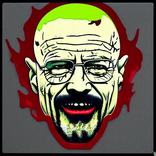 Image similar to die cut sticker, walter white laughing like the joker, splatter paint