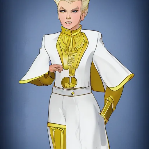 Image similar to character concept art of stoic heroic emotionless handsome blond butch tomboy woman with very short slicked-back hair, in princely white and gold masculine satin uniform with gold cape and boots, romantic, science fiction, atompunk, illustration