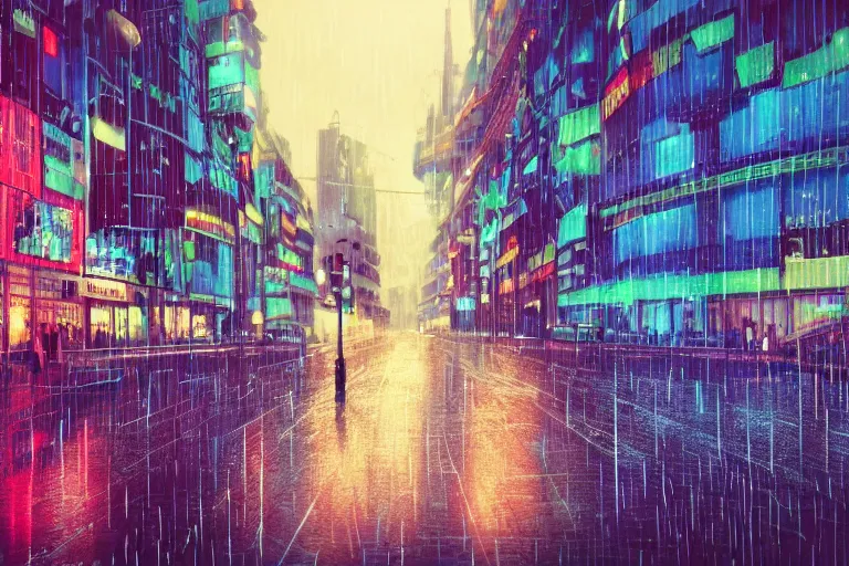 Image similar to Bustling photorealistic!!! rainy (((neon))) street in a utopian city illustrated and reimagined by Max Hay, inverted fisheye lens!!!, eyelevel!!! view!!! photography, trending on artstation, 4k, 8k, lens distortion, chromatic aberration, soft focus blur, photorealistic imagery, photorealistic details, intricate, highly detailed, artstation 3d, artstation render, artstation 3d render, 3d art, unreal engine 3d, octane 3d, blender 3d, 3d landscape