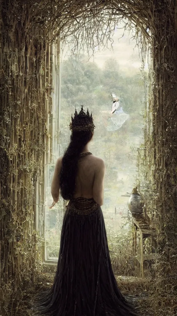 Image similar to secret view from behind wide mirror of a beautiful black haired woman with pale skin and a crown on her head sitted on an intricate metal throne, very deep stillness atmosphere, silence, dimension of still moment, spiritual feeling, digital art, by daniel ridgway knight