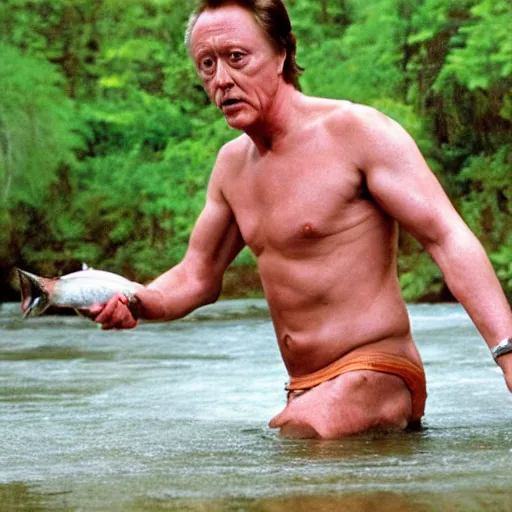 Prompt: shirtless Christopher Walken catches salmon with his mouth in a river, photo, highly detailed, 4k