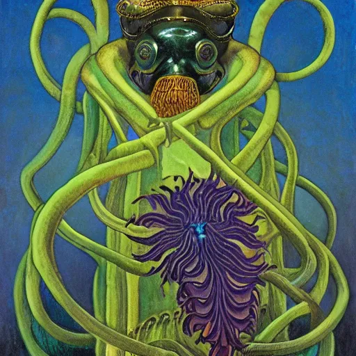 Image similar to bioluminescent tentacle king, by annie swynnerton and leo and diane dillon and adolf wolfli and ( diego rivera ), elaborate costume, flowers, iridescent beetles, rich color, dramatic cinematic lighting, smooth, sharp focus, extremely detailed