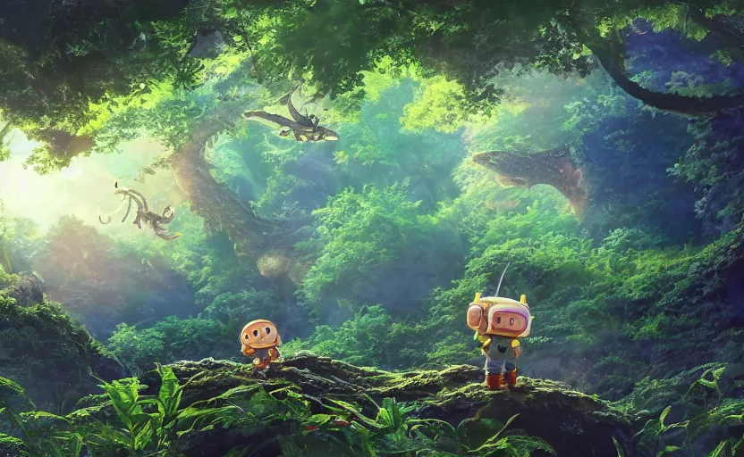 Image similar to a still of a cute adorable tiny astronaut, on a planet of lush foliage, with an enormous kaiju dragon surrounding, magical forest, sharp focus, neon backlit, highly detailed, disney pixar studio ghibli makoto shinkai, digital painting, matte, octane render, global illumination, iridescent, anime, 8 k concept art