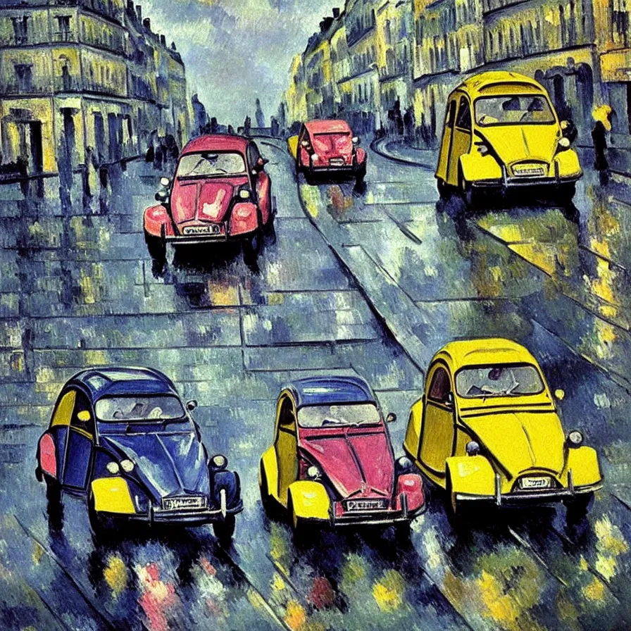Image similar to colorful citroen 2 cv racing through paris in the 1 9 5 0 s. dark skies, rain. movement. impressionistic oil painting by pisaro, by cezanne, by matisse