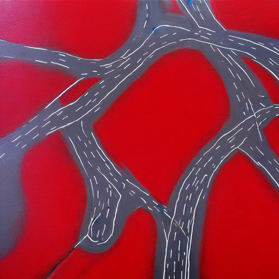 Image similar to painting of highway roads that are like blood arteries leading to the heart's core.