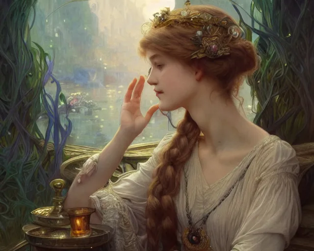 Image similar to photography of marie spartali stillman, deep focus, d & d, fantasy, intricate, elegant, highly detailed, digital painting, artstation, concept art, matte, sharp focus, illustration, hearthstone, art by artgerm and greg rutkowski and alphonse mucha