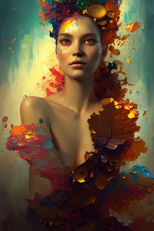 Prompt: close - up portrait of beautiful girl by irakli nadar with intricate detailed color smashing fluid oilpaint, color leaves, melting wax, broken mirror, fluid acrilic, abstract impressionism, ruan jia, scifi, fantasy, hyper detailed, octane render, concept art, by peter mohrbacher and gustav klimt,