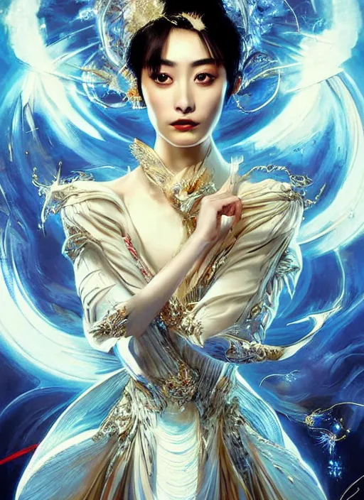 Prompt: portrait of ravishing Italian high-end expensive Goddess Suzu Hirose unleashing a devastating multiversal blazing fireball, wearing futuristic luxurious white and little royal blue suit, captivating, beautiful look, face anatomy, surreal and allegorical, octane render, art by Karol Bak, Karol bak pastiche by Peter Mohrbacher