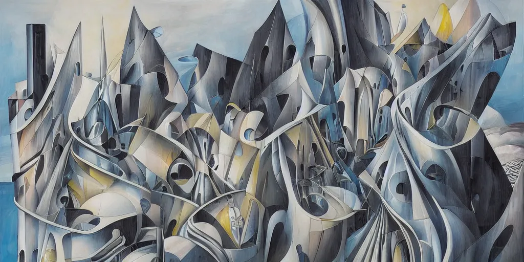 Prompt: a painting of abstract buildings like santorini by zaha hadid and yves tanguy and aaron horkey