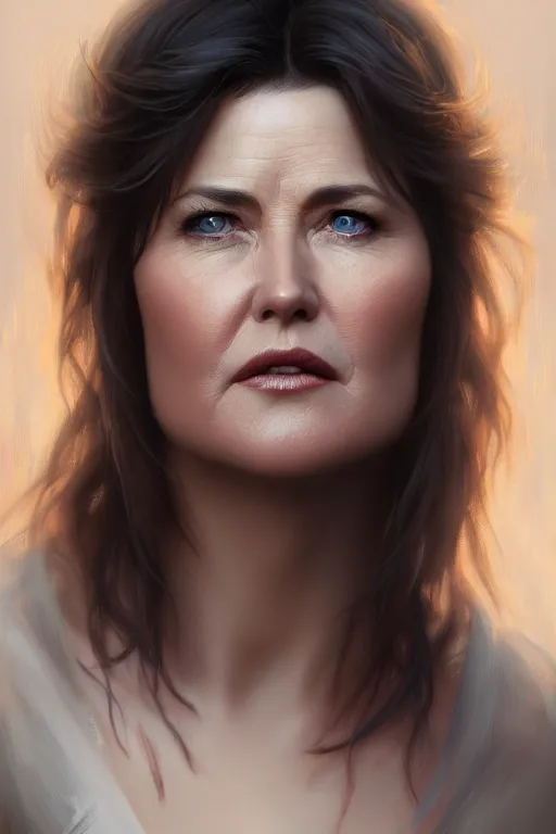 Image similar to ultra detailed close up facial portrait of lucy lawless, extremely detailed digital painting, in the style of fenghua zhong and ruan jia and jeremy lipking and peter mohrbacher, mystical colors, rim light, beautiful lighting, 8 k, stunning scene, raytracing, octane, trending on artstation