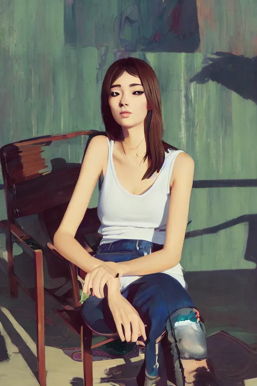 Prompt: A ultradetailed beautiful panting of a stylish woman looking at the camera, she is wearing streetwear, she is sitting on a chair, bright sunny day, Oil painting, by Ilya Kuvshinov, Greg Rutkowski and Makoto Shinkai