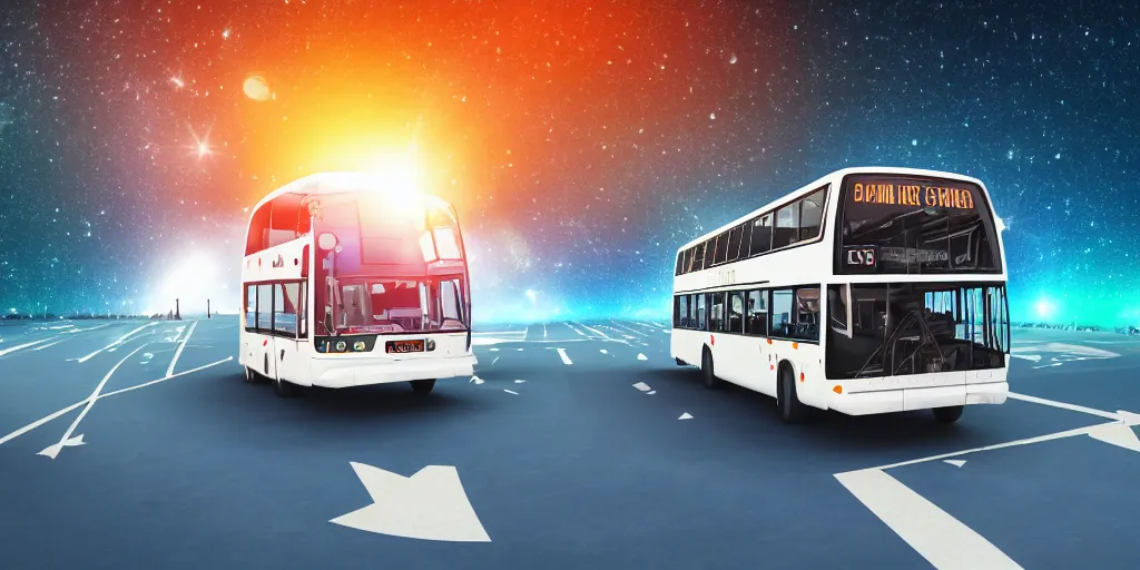 Prompt: a bus driving in outer space with money flying out of the bus windows. illustrated, high resolution 4k