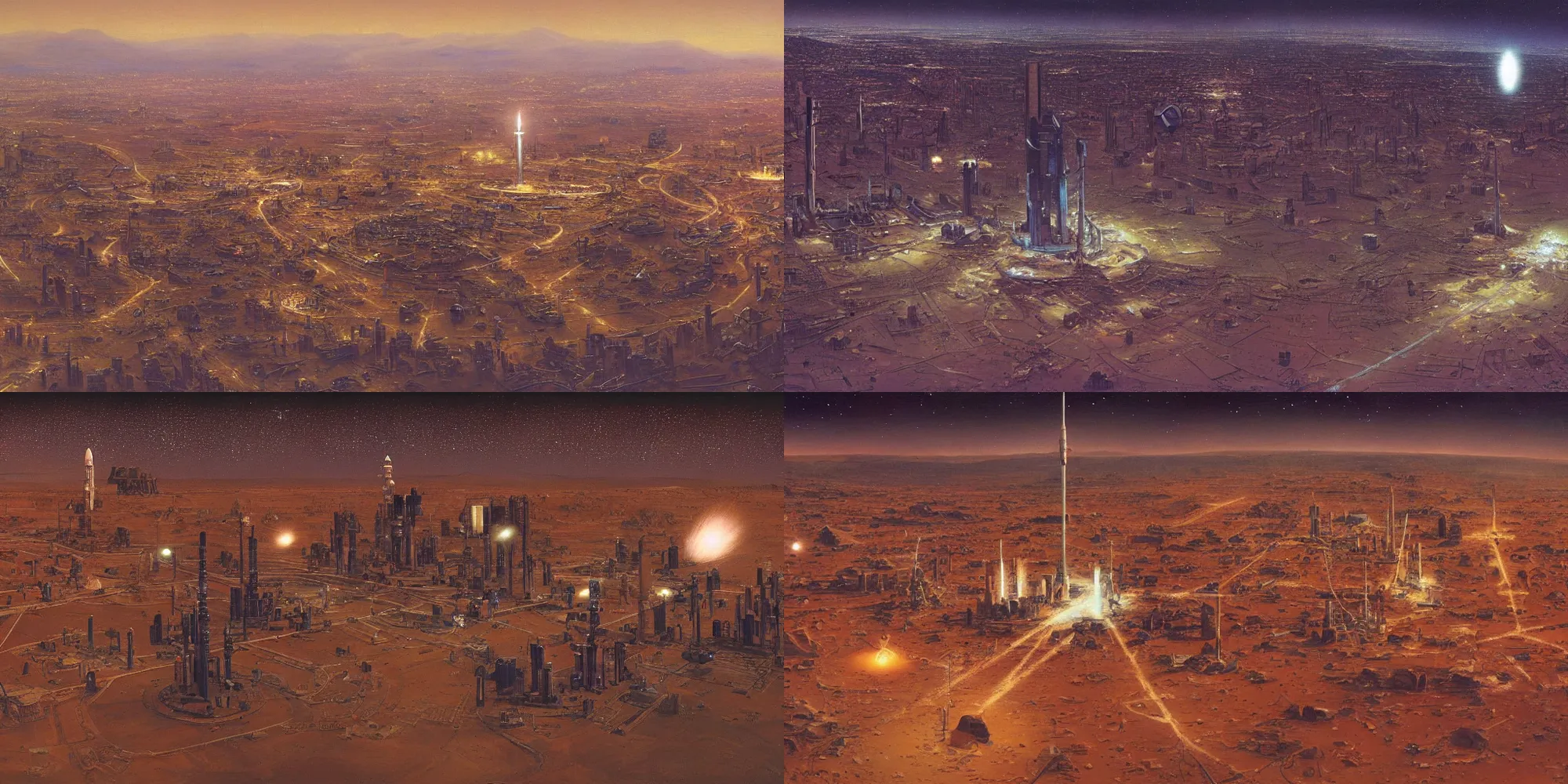 Prompt: Tilt shift photography of the first city on Mars at night. Various rocket launches can be seen in the distance as well as highways and giant buildings and arcologies. Masterpiece of Vincent Di Fate and John Berkey