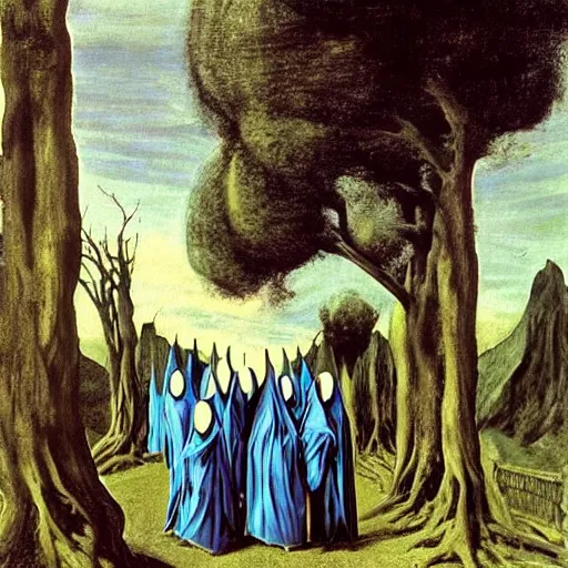 Image similar to A Holy Week procession of grim reapers in a lush Spanish landscape at night. A hooded figure at the front holds a cross. El Greco, Remedios Varo, Salvador Dali, Carl Gustav Carus, John Atkinson Grimshaw. Blue tint.