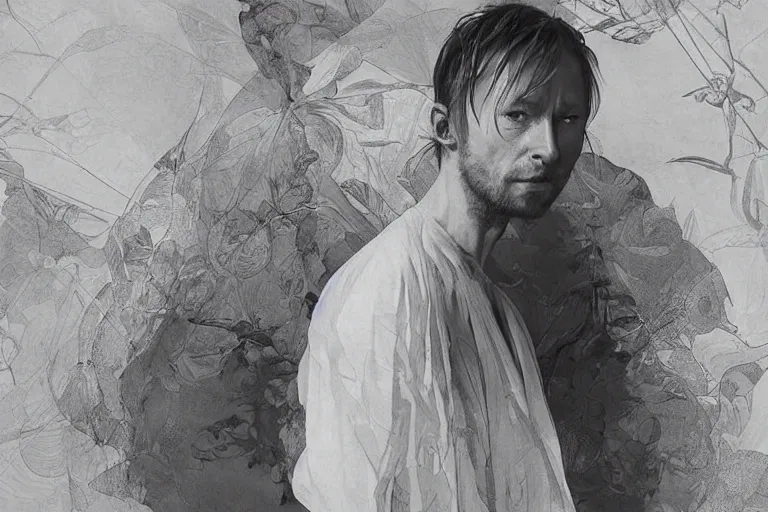 Image similar to hyper realistic portrait of thom yorke singer songwriter, side, liminal space, by lee bermejo, alphonse mucha and greg rutkowski