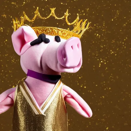 Image similar to studio photograph of a pig wearing a gold crown depicted as a muppet karate full body