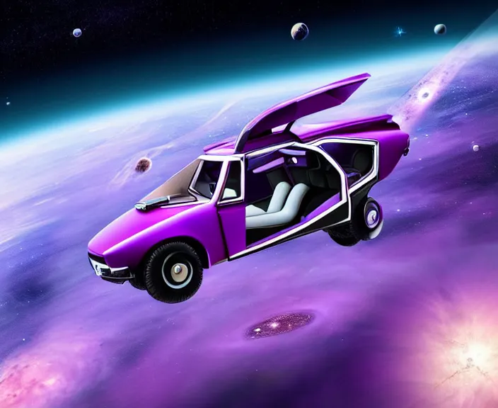 Image similar to purple lada 2 1 0 9 in space in orbit of the planet earth, lada 2 1 0 9 looks like a spaceship, hyper detailed, hight detailed, futuristic, ultra realistic, no blur, 8 k