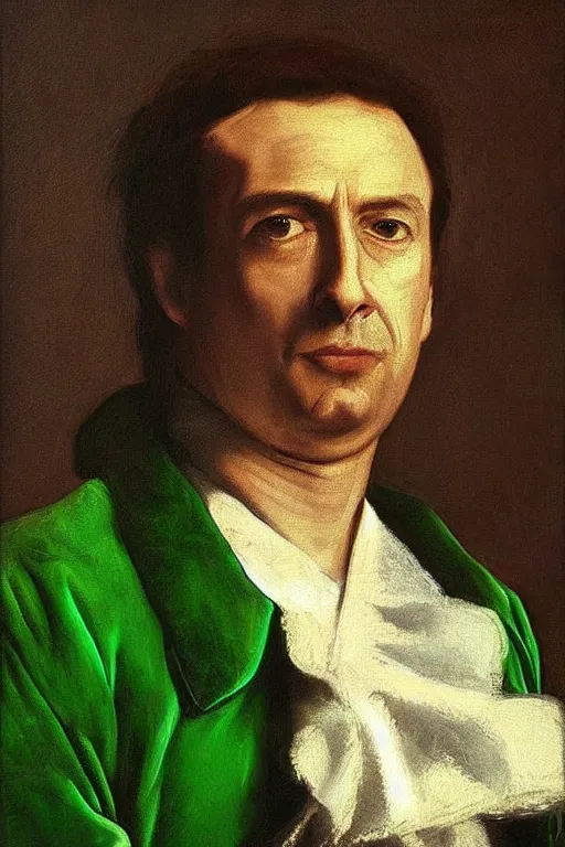 Image similar to “ saul goodman wearing a green velvet prada suit, caravaggio oil painting, high detail, shallow depth of field ”