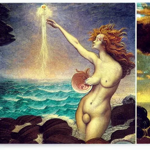 Image similar to The collage depicts the moment when the goddess Venus is born from the sea. She is shown standing on a giant clam shell, with her long, flowing hair blowing in the wind. The collage is full of light and color, and Venus looks like she is about to step into a beautiful, bright future. dada, cosmic horror by Caspar David Friedrich, by Alice Rahon magnificent