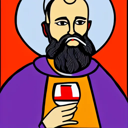 Prompt: pop art of an Orthodox monk drinking wine