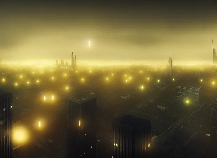 Image similar to glowing alien spheres over the city, fog, rain, volumetric lighting, beautiful, mystique, golden hour, sharp focus, ultra detailed, concept art, gilles beloeil, andy park, jan urschel, dylan cole, noir art house, 4 k, 3 5 mm, fujifilm