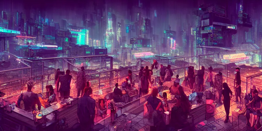 Prompt: an intricate digital illustration concept art of a people on a rooftop bar in a cyberpunk megastructure city overviewing a desolate destroyed city, sci-fi, cinematic lighting, hyper realistic, art by dylan cole, detailed matte painting, digital art, neon color palette