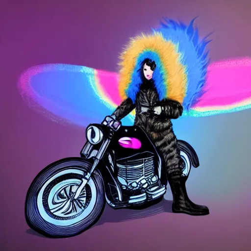 Image similar to wide angle full body, jacket wearing fluffy cute rainbow kitten wearing a black leather motorcycle jacket, cinematic concept art