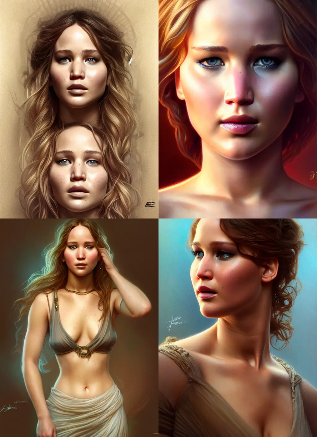 Prompt: jennifer lawrence, path traced, octane render, highly detailed, high quality, digital portrait by artgerm, hd, alphonse mucha, tom bagshaw
