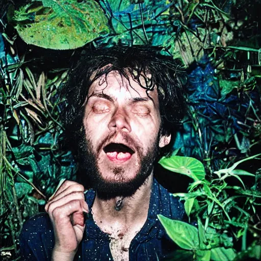 Prompt: portrait of a mad high guy on drugs in the middle of a blue jungle at night in rain photographed by Andrej Tarkovsky, kodak 5247 stock