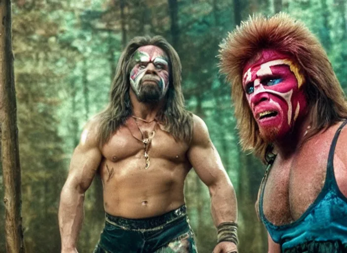 Image similar to film still of the Ultimate Warrior WWF in a log cabin in the new MANDY movie, 4k