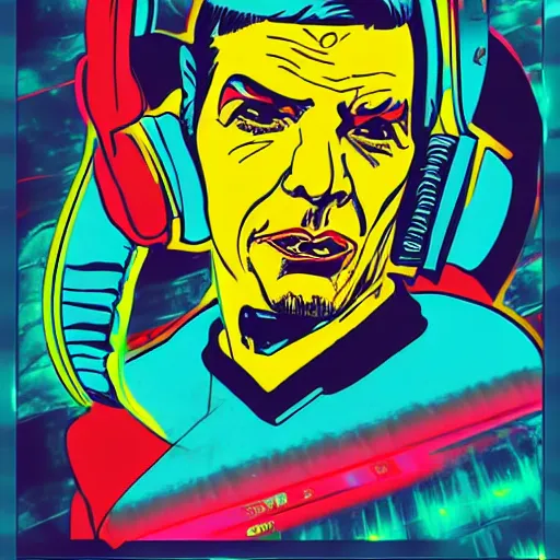 Prompt: svg sticker of a Pop-Wonder Captain-Spock-Star-Trek at a rave, spinning records, giant headphones rocking out, wearing headphones, huge speakers, dancing, rave, DJ, spinning records, digital art, amazing composition, rule-of-thirds, award-winning, trending on artstation, featured on deviantart