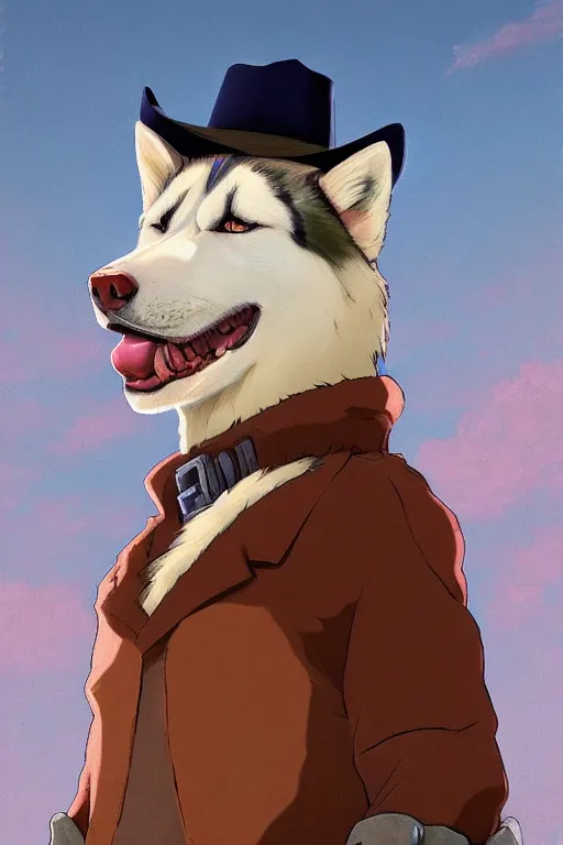 Image similar to a portrait painting of a husky in cowboy costume, wearing a cowboy hat, by studio ghibli, in the style of anime, [ red dead ], humanoid, personify, anthropomorphic, trending on artstation