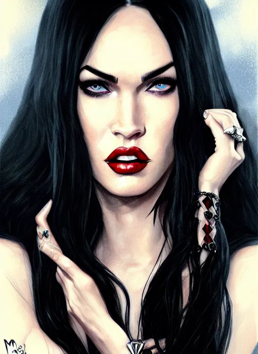 Image similar to portrait of megan fox as a evil vampire queen, bloody tears, jewelry, greek, dark, intricate, headshot, vampirism fangs, key visual, conceptart, ambient lighting, highly detailed, digital painting, artstation, concept art, sharp focus, by makoto shinkai and akihiko yoshida and greg manchess