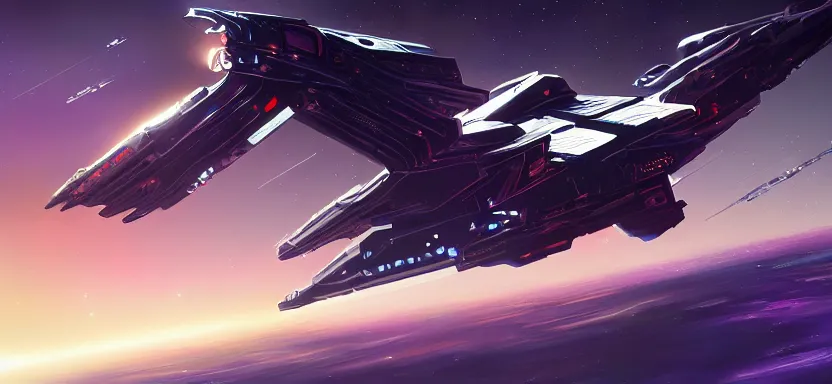 Prompt: beautiful masterpiece painting of spaceship in space, Gallante Thantos Carrier, cyberpunk, by juan ortiz 8k