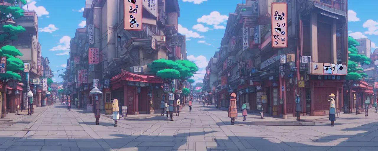 Image similar to A screenshot of the seoul city street in the scene in the Ghibli anime film, pretty rim highlights and specular