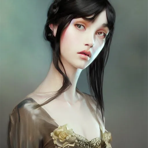 Image similar to of english teenage girl with black hair, china blue eyes, pale glowing skin, beautiful sinister features, no makeup, elegant fashion model, fantasy, intricate, elegant, dress shirt and tie, highly detailed, digital painting, artstation, concept art, smooth, sharp focus, illustration, art by Krenz Cushart and Artem Demura and alphonse mucha