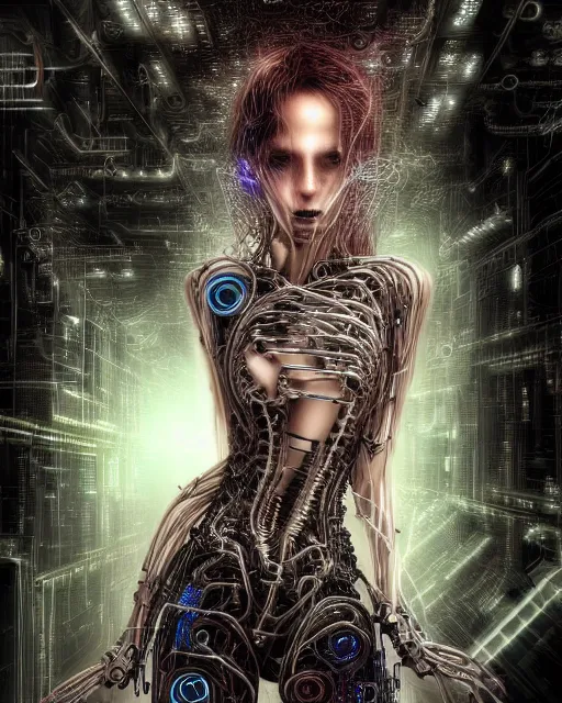 Image similar to portrait photo of an aesthetic biomechanical cyborg plugged into a quantum computer with cables and wires and optic fibers. cyberpunk horror style. art by luis royo. highly detailed 8 k. intricate. nikon d 8 5 0 5 5 mm. award winning photography.