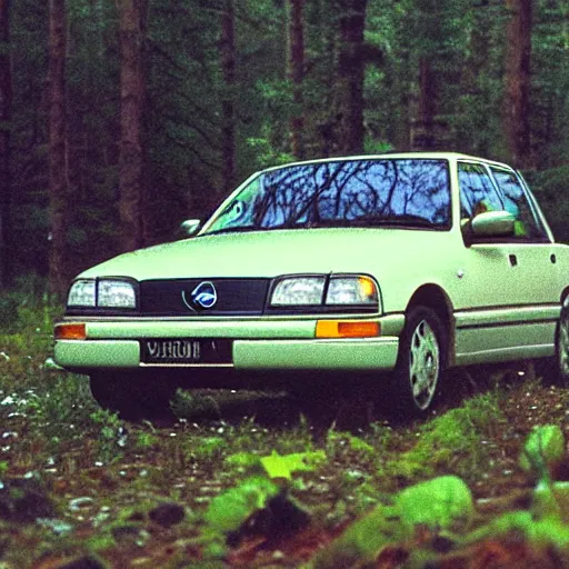 Image similar to vhs footage of a 1 9 9 5 volvo car in a boreal forest