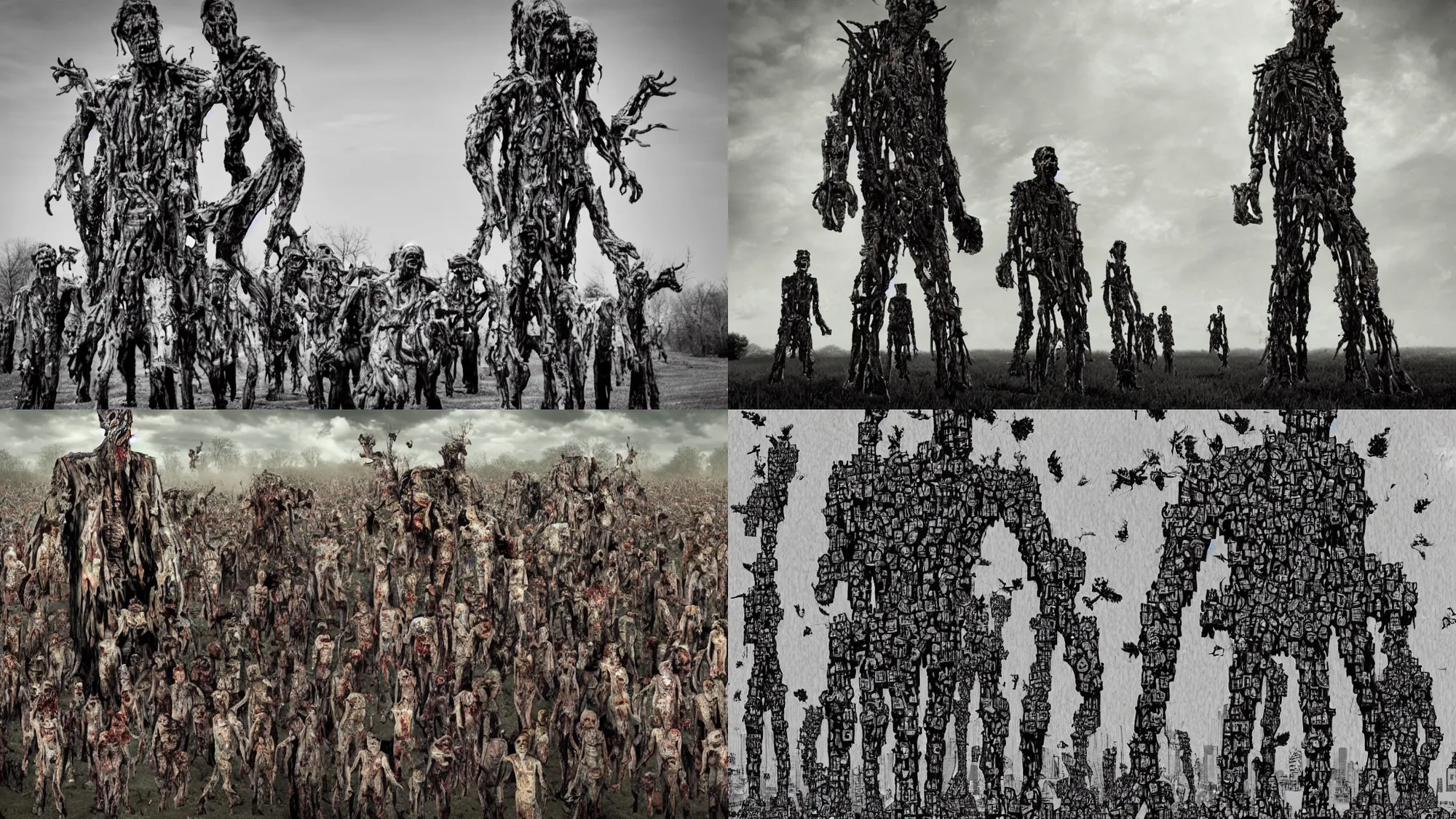 Prompt: towering giant made of zombies, Midwest countryside