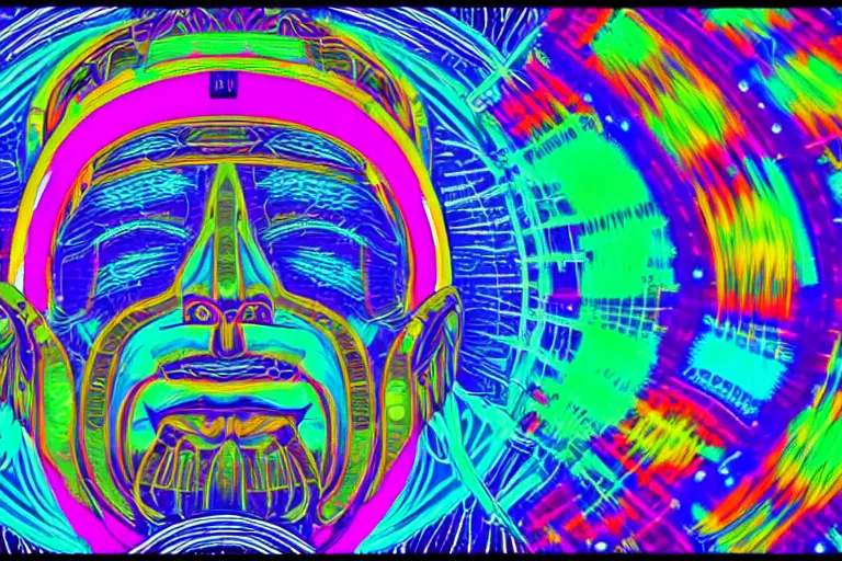 Prompt: digital art of a native american astronaut by alex grey, vibrant, neon, glows, lights, ambient lights, flooko,