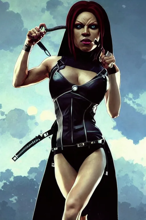 Image similar to gta scary spice as aeon flux profile picture by greg rutkowski, dynamic pose, flat matte painting, intricate, futuristic, fantasy, elegant, by stanley artgerm lau, greg rutkowski, thomas kindkade, alphonse mucha, loish, norman rockwell, fantasy lut, asymmetric, long hair, retro computer graphics, video game, fluid lines,