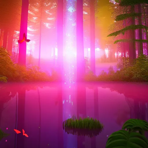 Prompt: a forest with a lake full of pink butterflies and fireflies of all colors ultra realistic, lens flare, atmosphere, glow, detailed, intricate, full of colour, cinematic lighting, trending on artstation, 4 k, hyperrealistic, focused, extreme details, unreal engine 5, cinematic, masterpiece, ultra realistic, hyper realistic, highly detailed, sharp focus, digital art