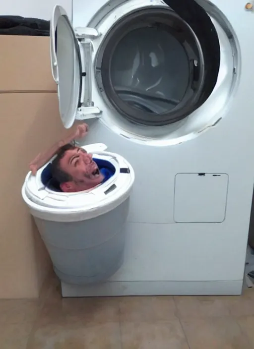 Image similar to man stuck inside a washing machine, bad quality, shaky camera, funny