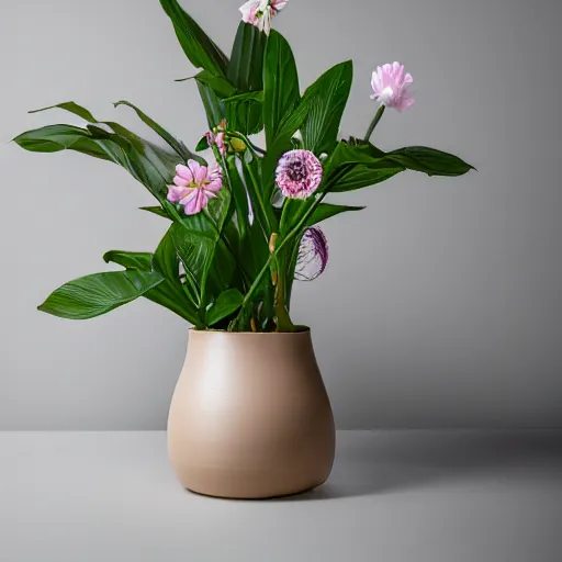 Image similar to a photo of 8k Ikebana in flower vase, ultra wide angle, sony a7r3, ultra detail, photorealistic, in simple background