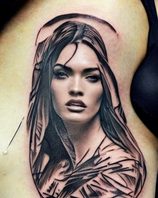 Image similar to double exposure effect tattoo sketch of a megan fox faded with a beautiful mountain scenery, surreal, in the style of matteo pasqualin, amazing detail, sharp