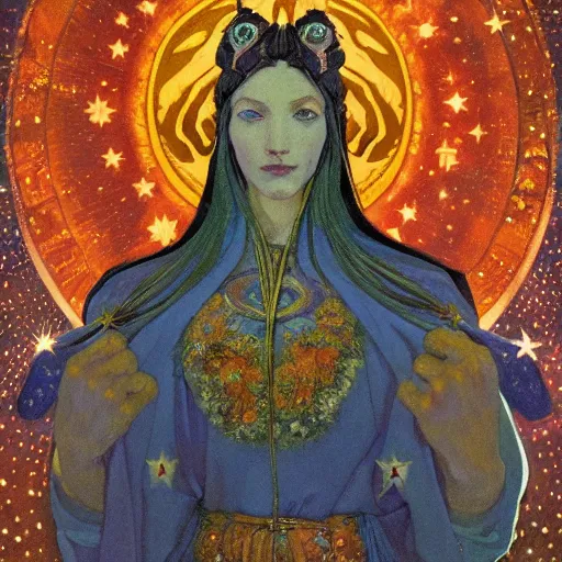 Image similar to queen of the moon with stars in her hair, by nicholas roerich and annie swynnerton and donato giancola and dulac, dramatic lighting, god rays, geometric tattoos, rich colors, smooth sharp focus, extremely detailed, leo and diane dillon, adolf wolfli