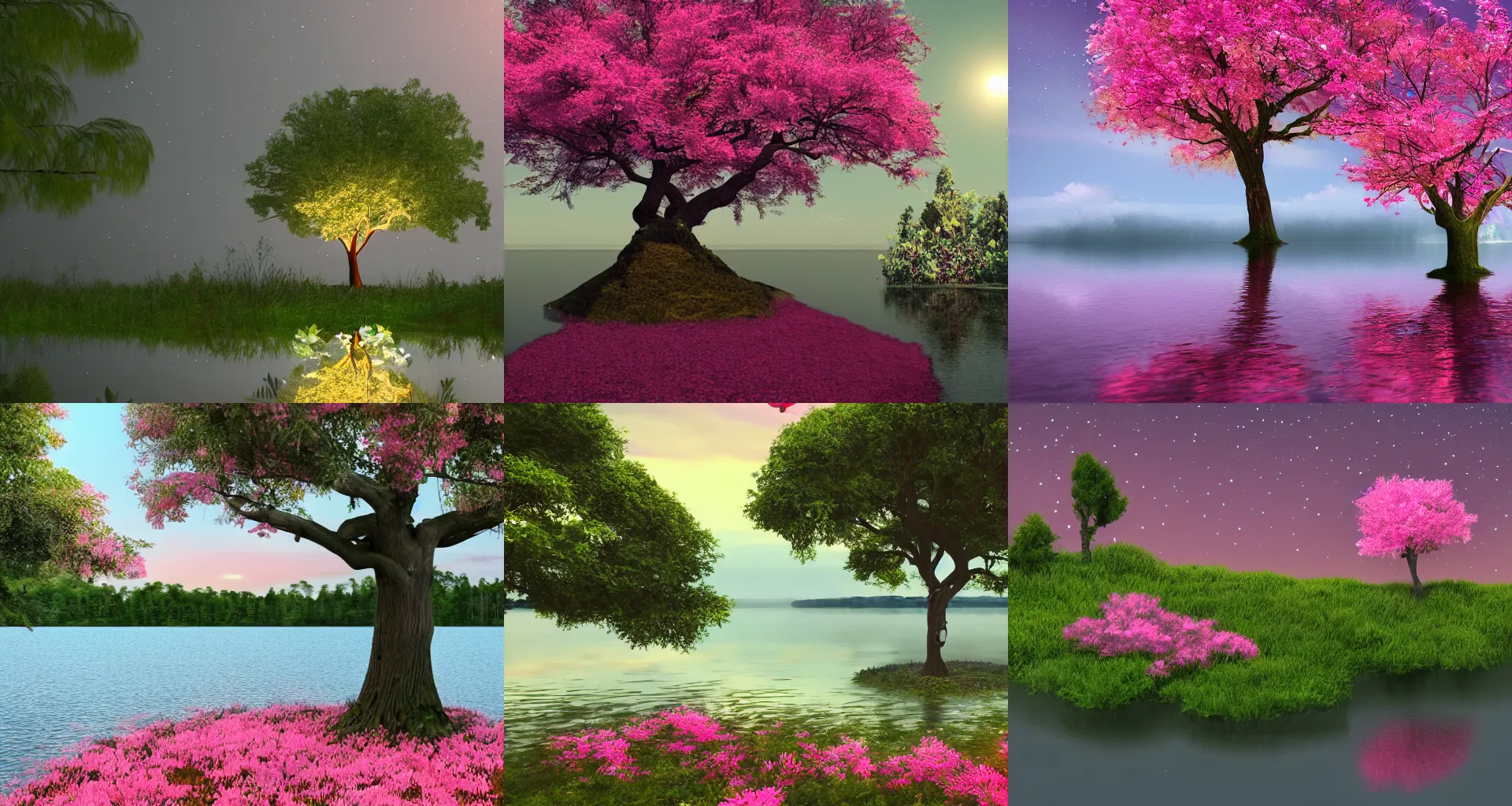 Prompt: tree on a tiny overgrown island in the middle of a lake, pink flowers, lanterns, night, stars, 4 k, digital art, trending on artstation