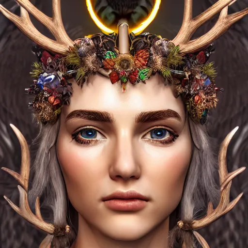 Image similar to highly detailed close up portrait of Artemis, goddess of the hunt and the moon, wearing a crown made of antlers, cinematic lightning, bright colors, intricate, masterpiece, photorealistic, hiperrealistic, sharp focus, high contrast, Artstation HQ, DeviantArt trending, 4k UHD, Unreal Engine 5